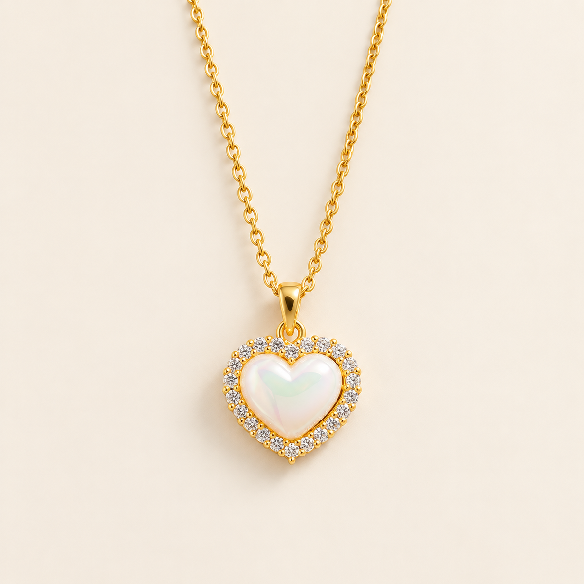 Pearlescent Heart Necklace — warm ivory background