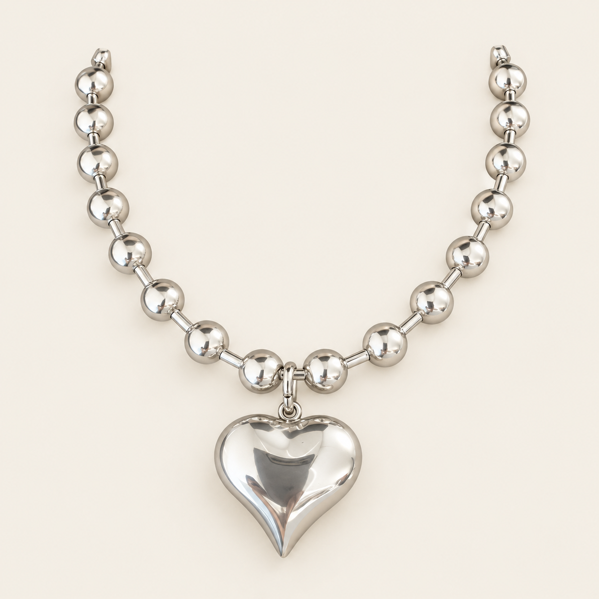 Silver Heart Ball Chain Necklace — warm ivory background