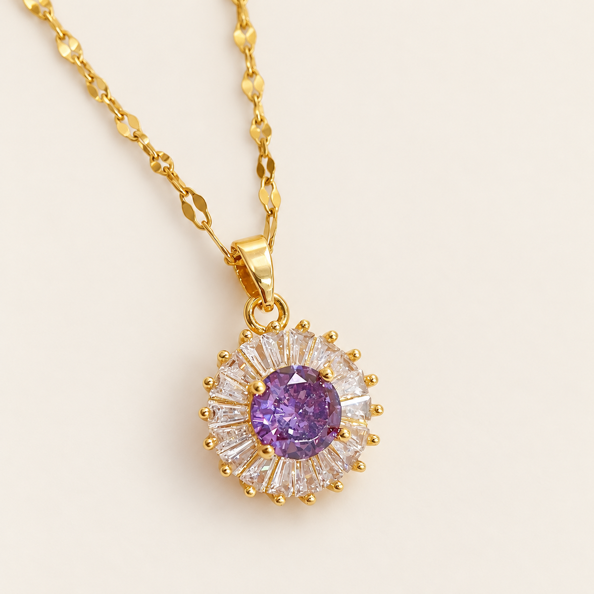 Purple Sun Pendant Necklace — warm ivory background