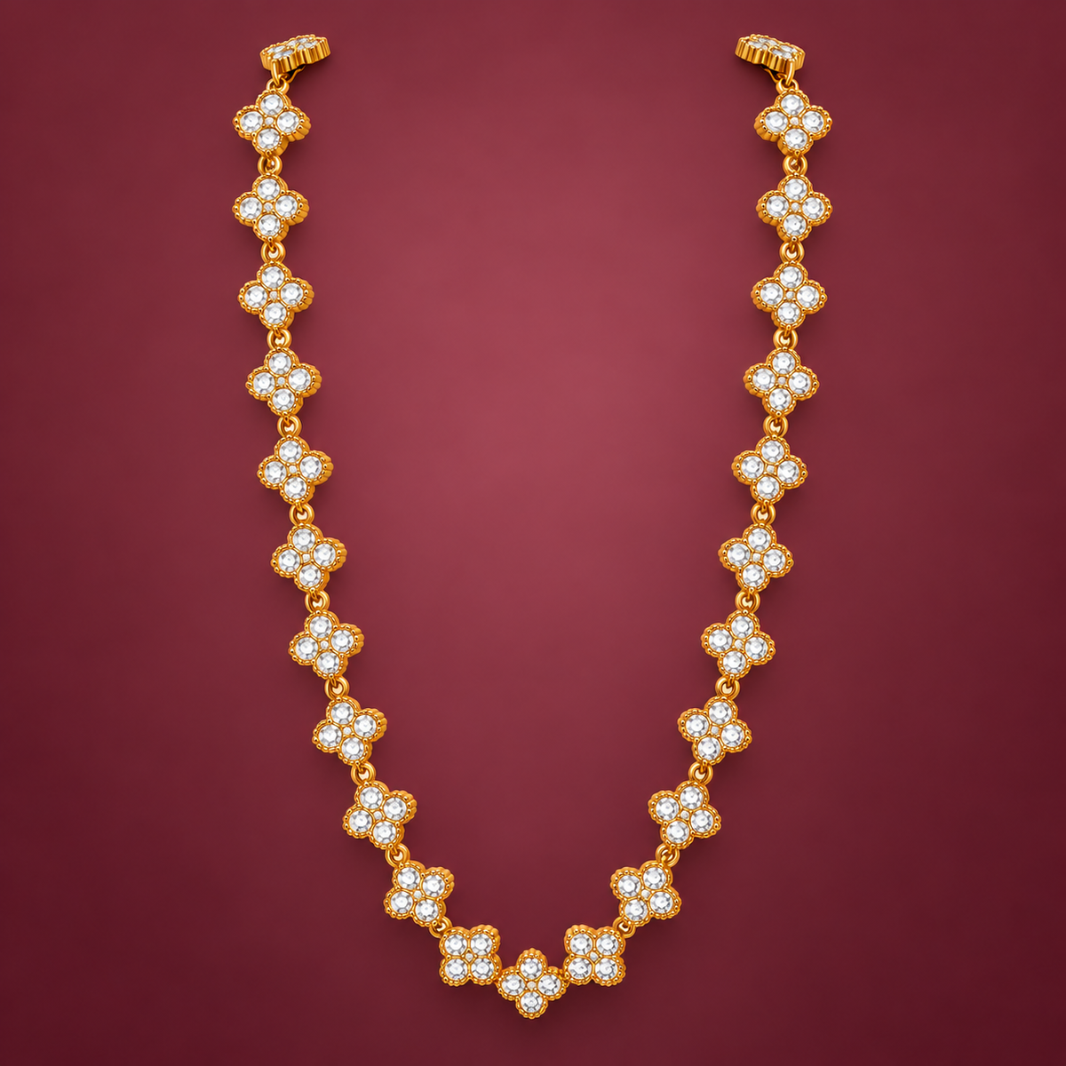 Crystal Flower Chain Necklace — muted burgundy background