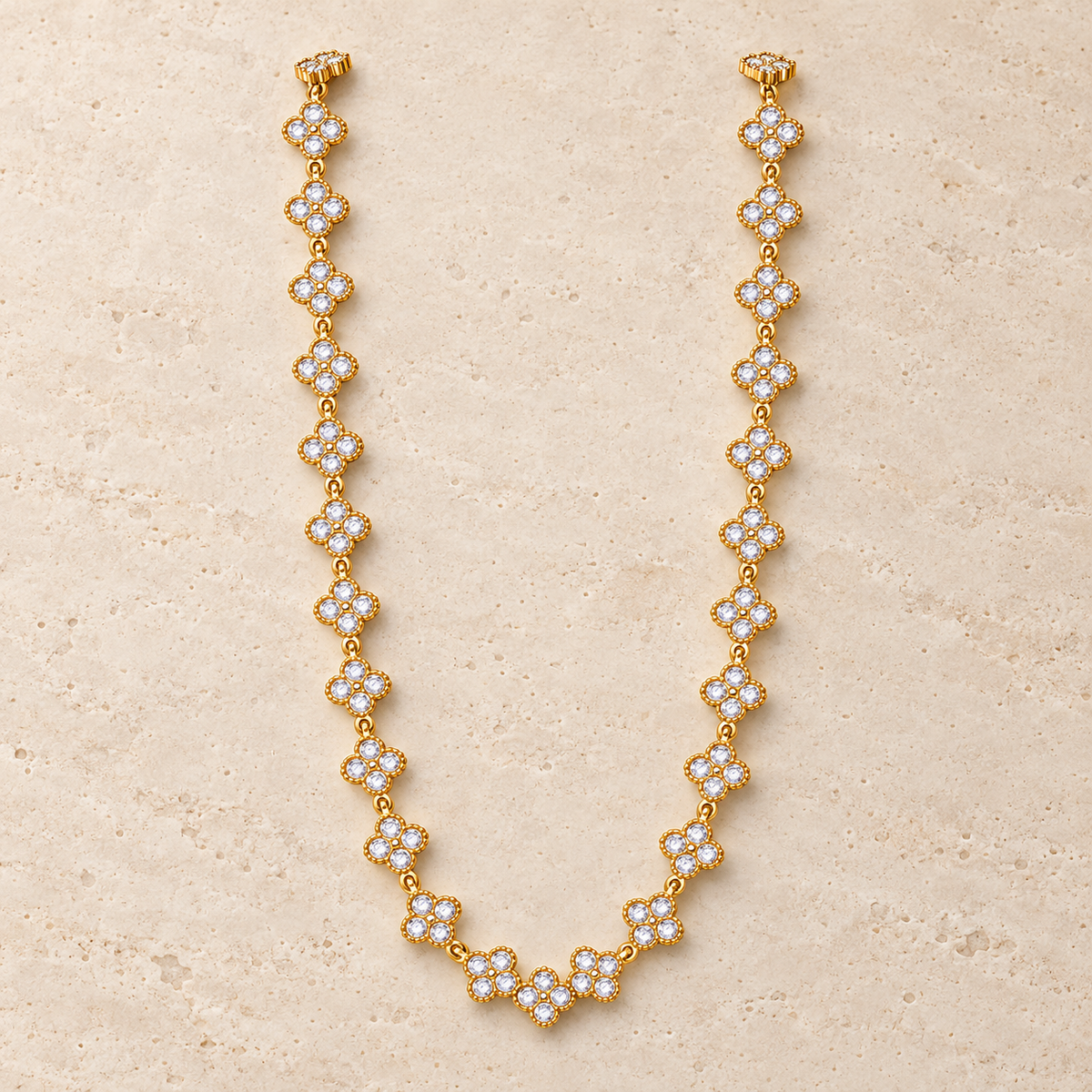 Crystal Flower Chain Necklace — pale beige natural stone background