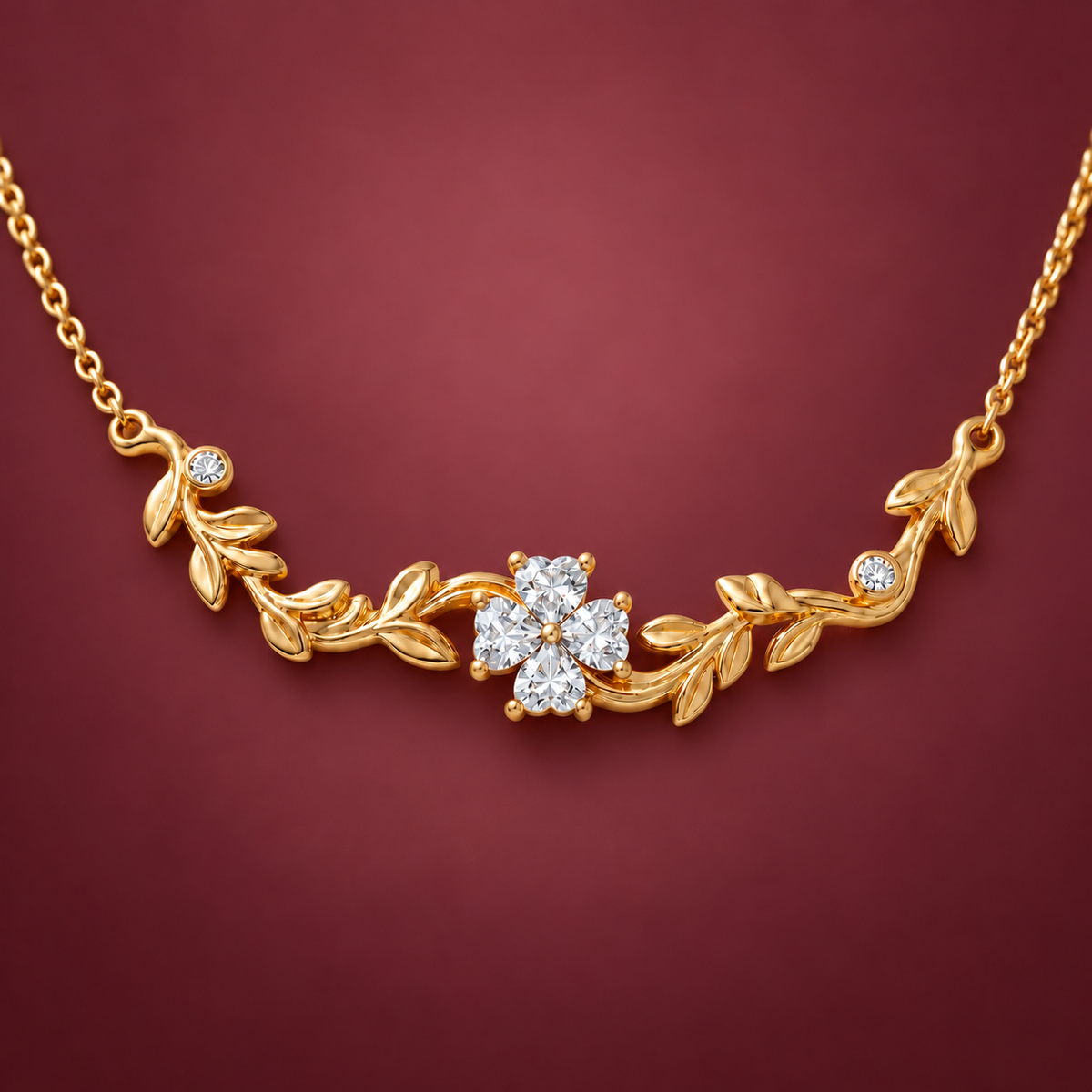 Crystal Leaf Necklace — muted burgundy background