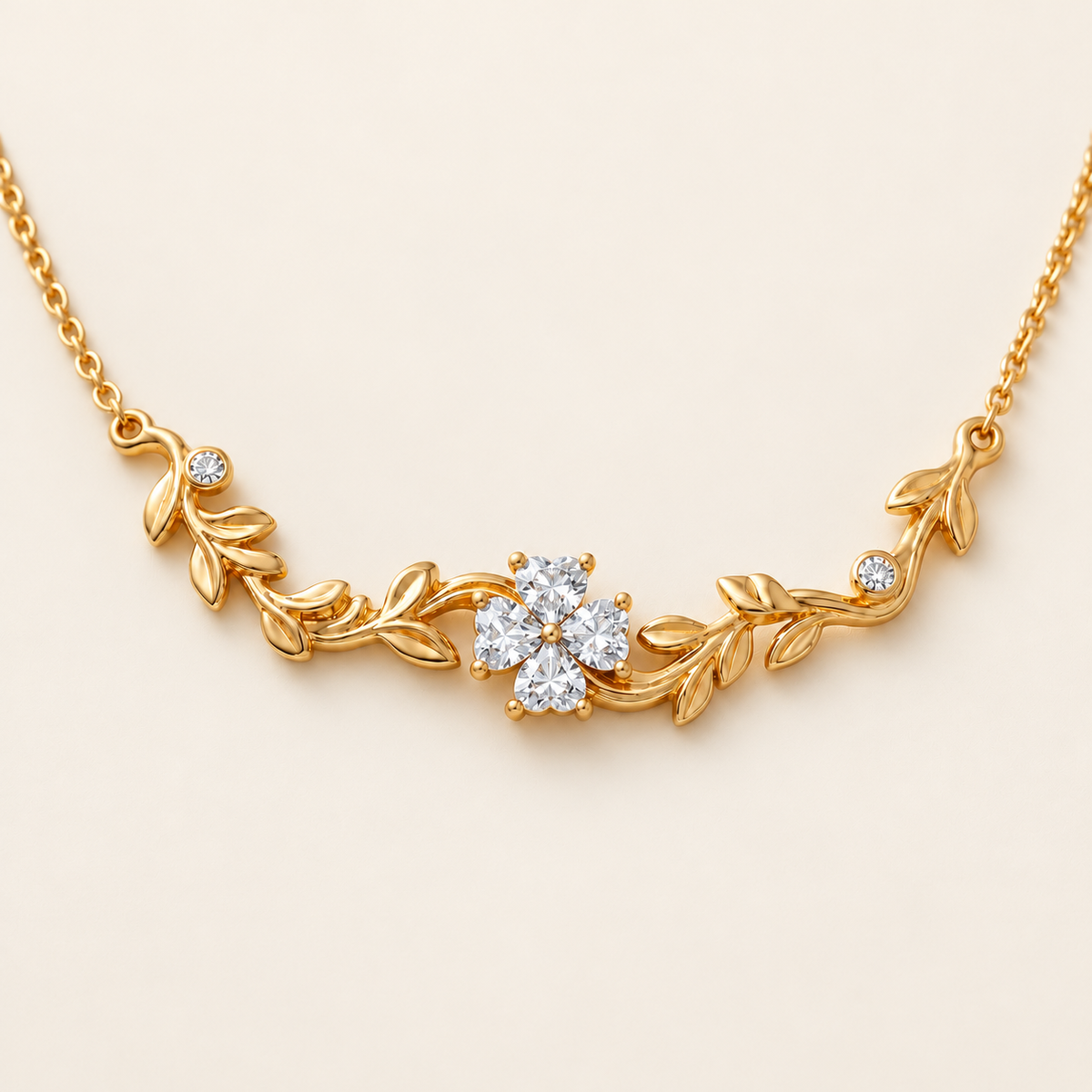 Crystal Leaf Necklace — warm ivory background