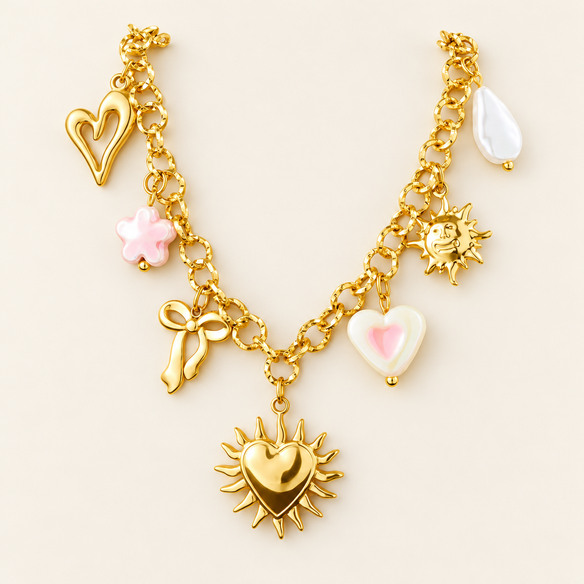 Gold Charm Chain Necklace — warm ivory background