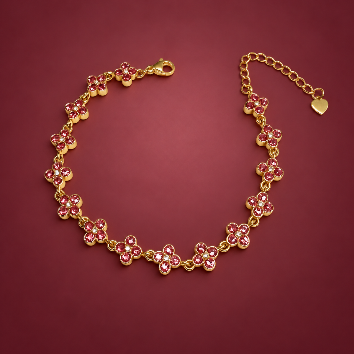 Red Crystal Flower Bracelet — muted burgundy background