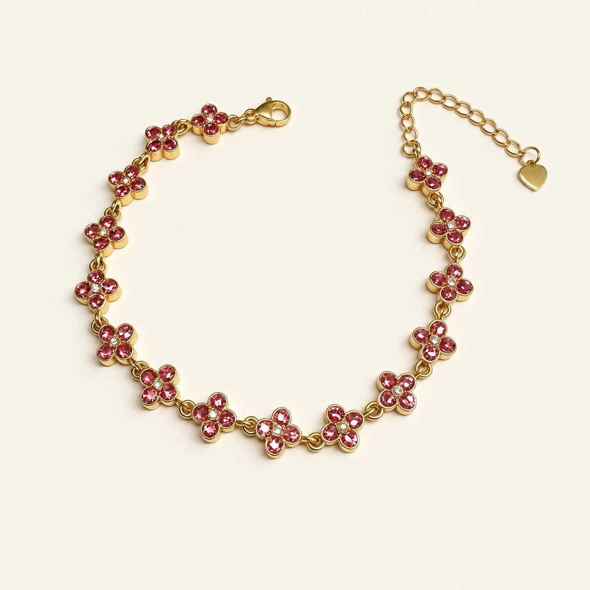 Red Crystal Flower Bracelet — warm ivory background