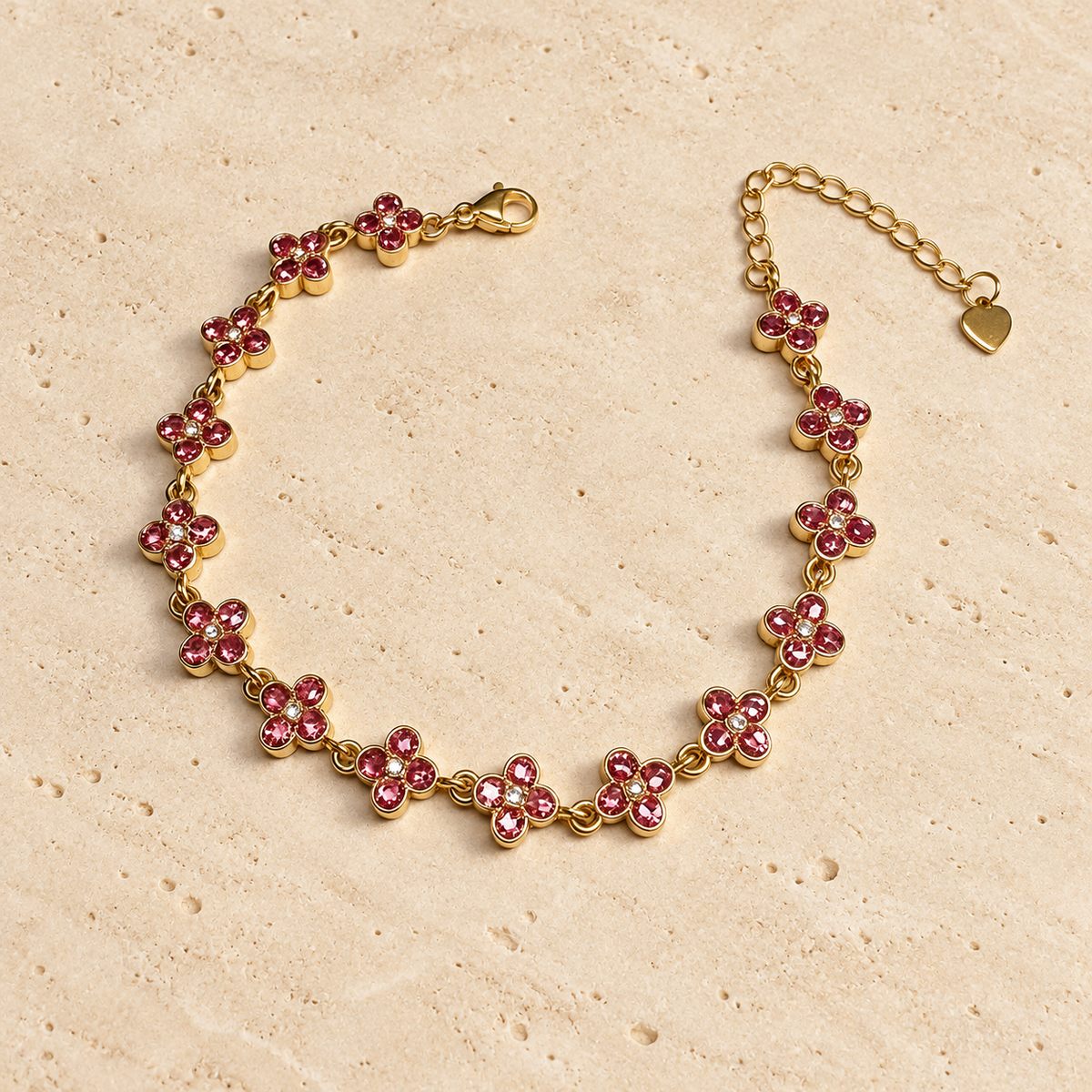 Red Crystal Flower Bracelet — pale beige natural stone background