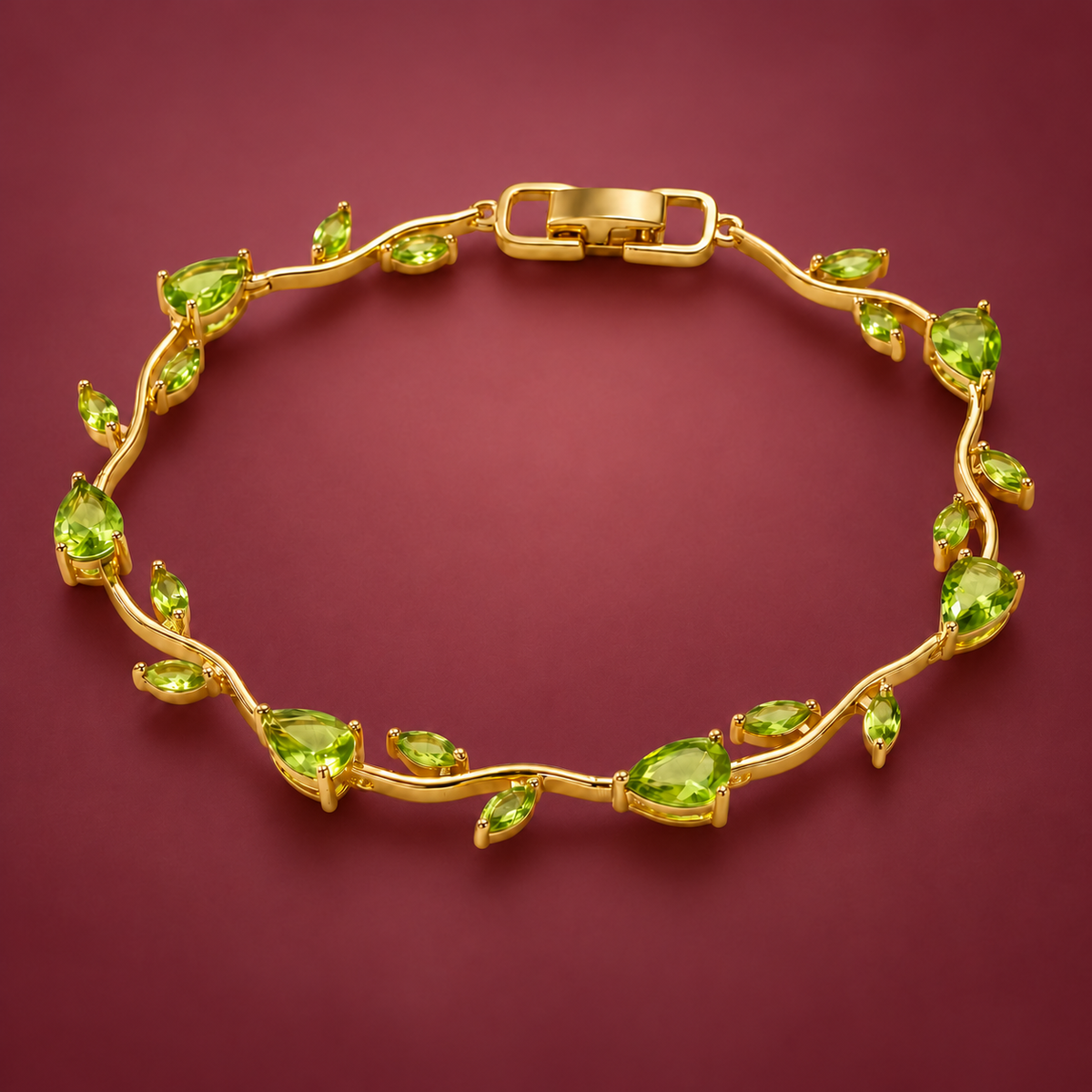 Green Leaf Crystal Bracelet — muted burgundy background