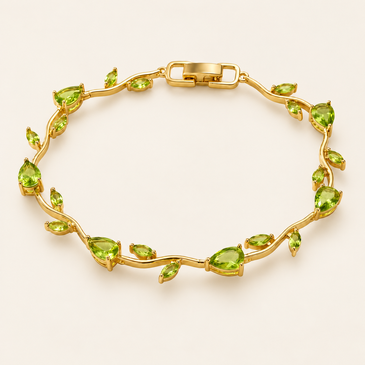 Green Leaf Crystal Bracelet — warm ivory background