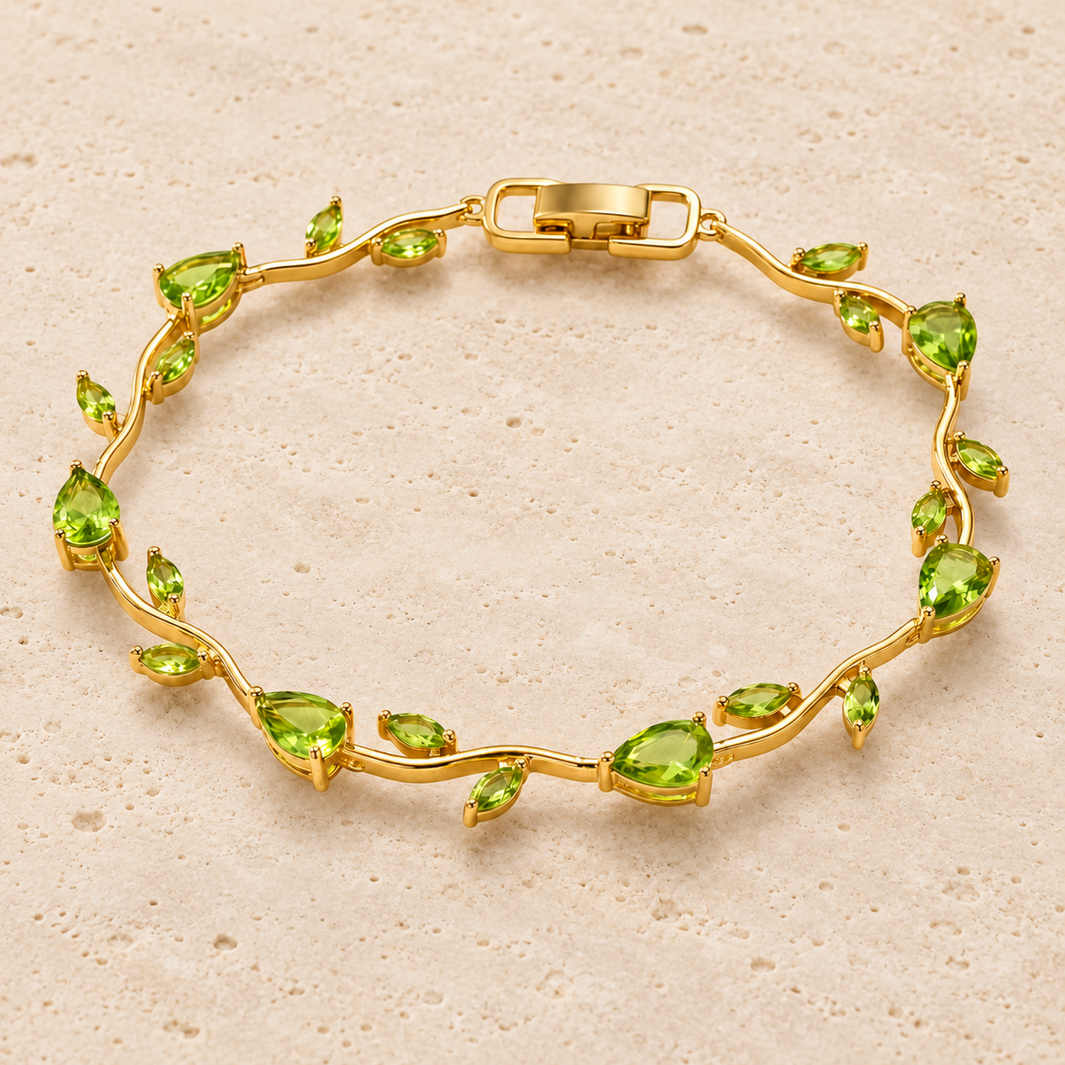 Green Leaf Crystal Bracelet — pale beige natural stone background