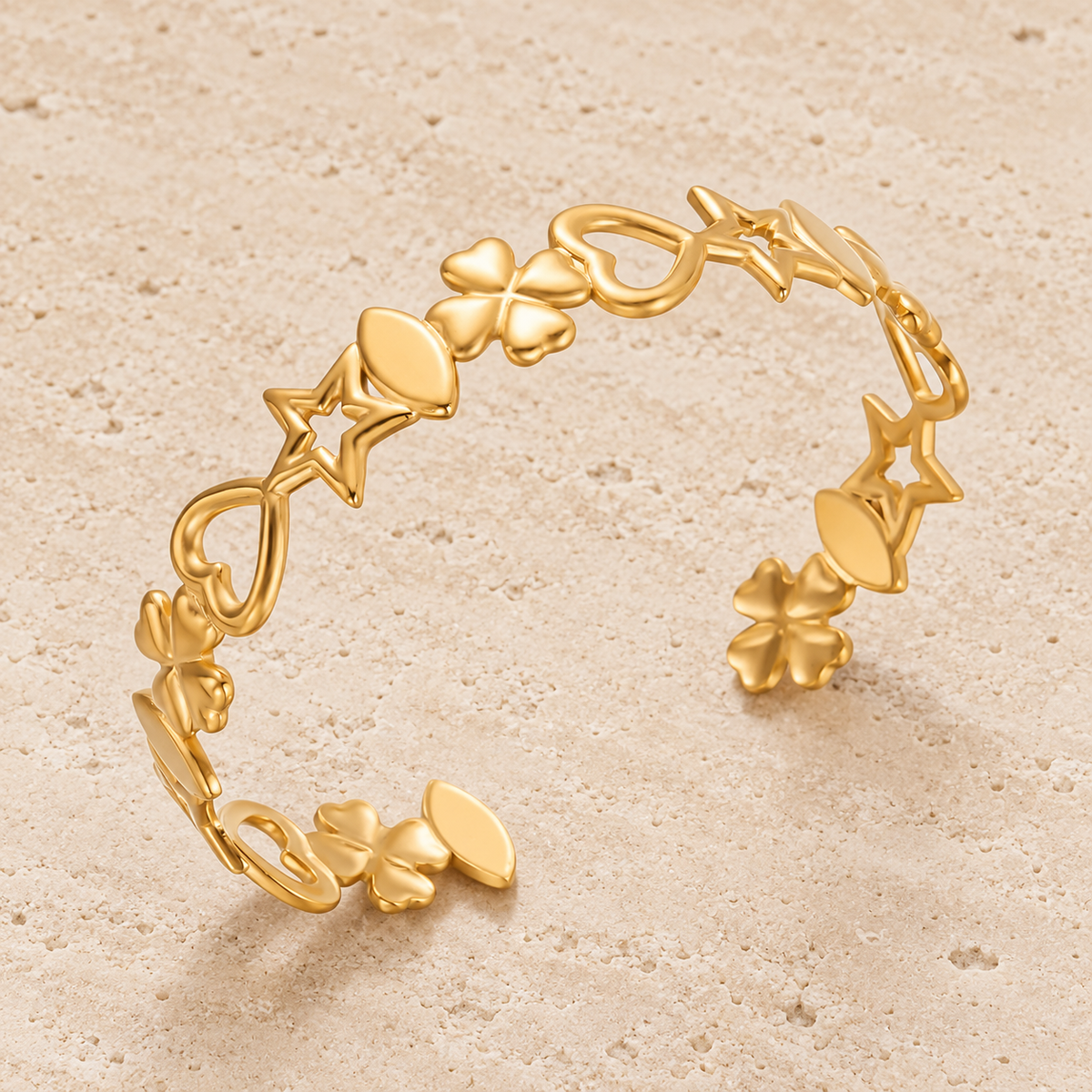 Star Heart Flower Cuff — pale beige natural stone background