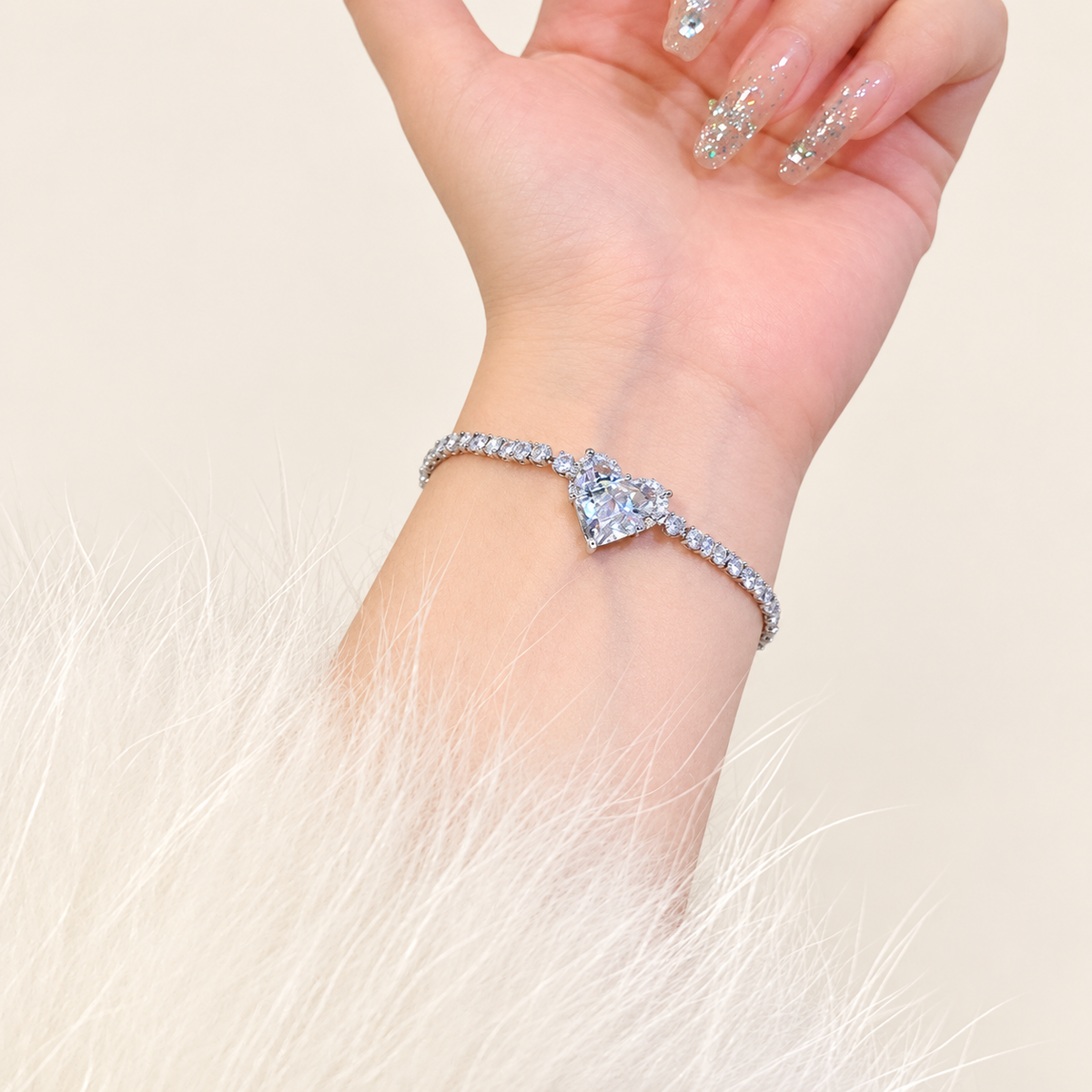 Silver Heart Bracelet — warm ivory background