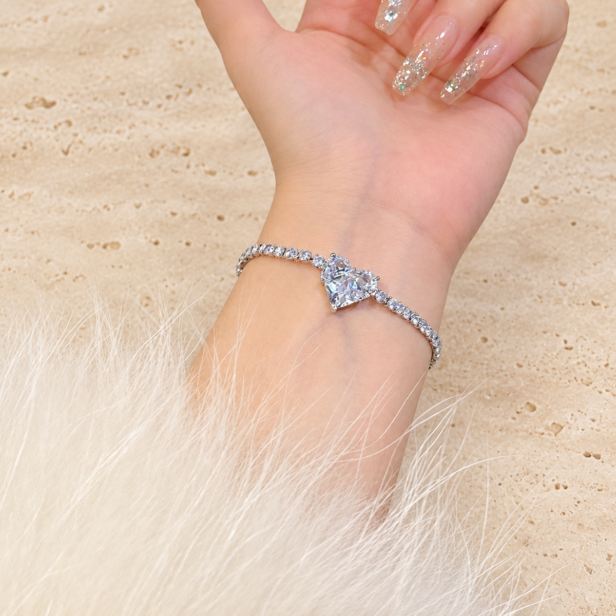 Silver Heart Bracelet — pale beige natural stone background