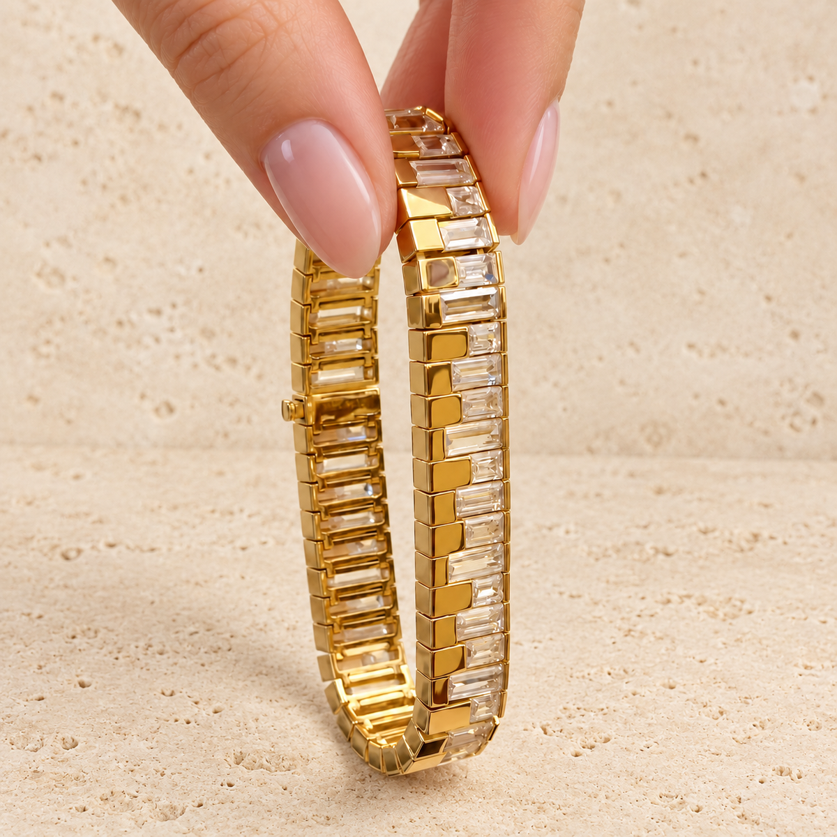 Gold Rectangle Link Bracelet — pale beige natural stone background