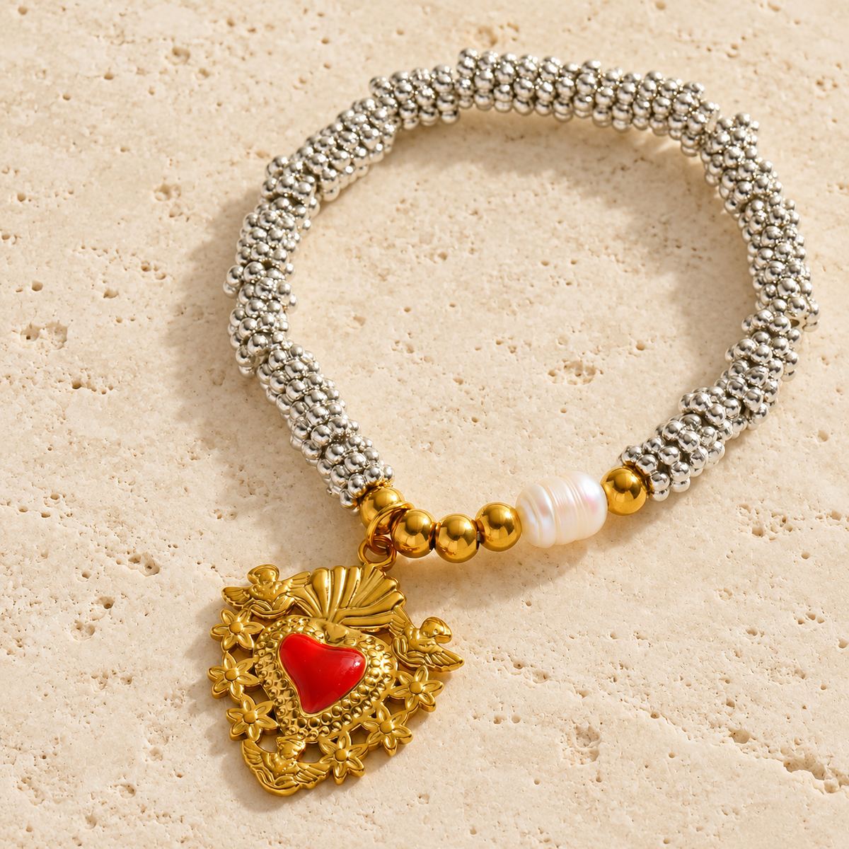 Red Heart Bead Bracelet — pale beige natural stone background