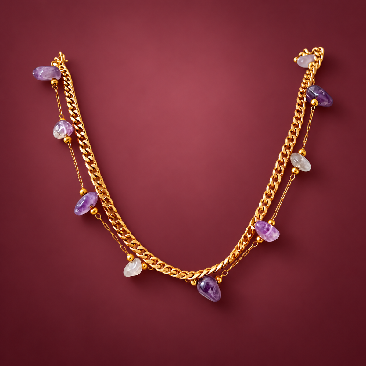 Purple Heart Charm Bracelet — muted burgundy background