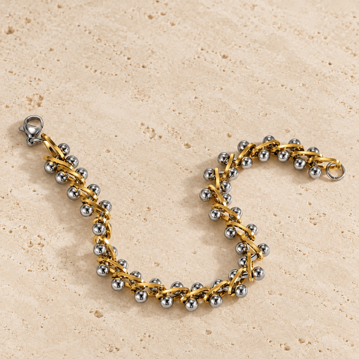 Two-Tone Bead Link Bracelet — pale beige natural stone background