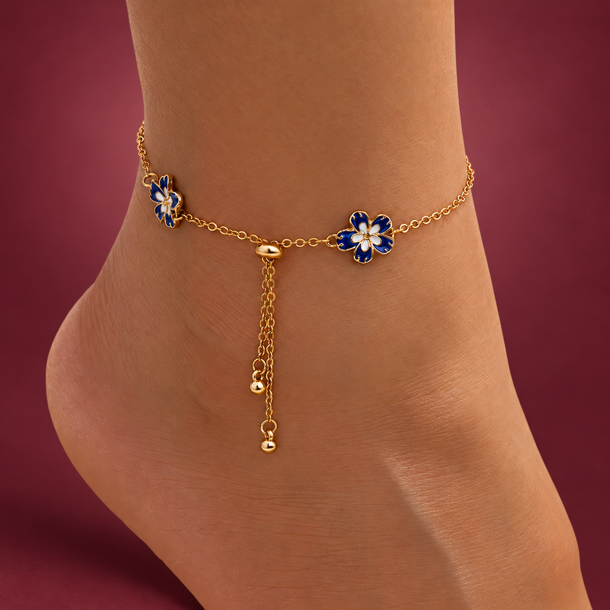 Blue Flower Anklet — muted burgundy background