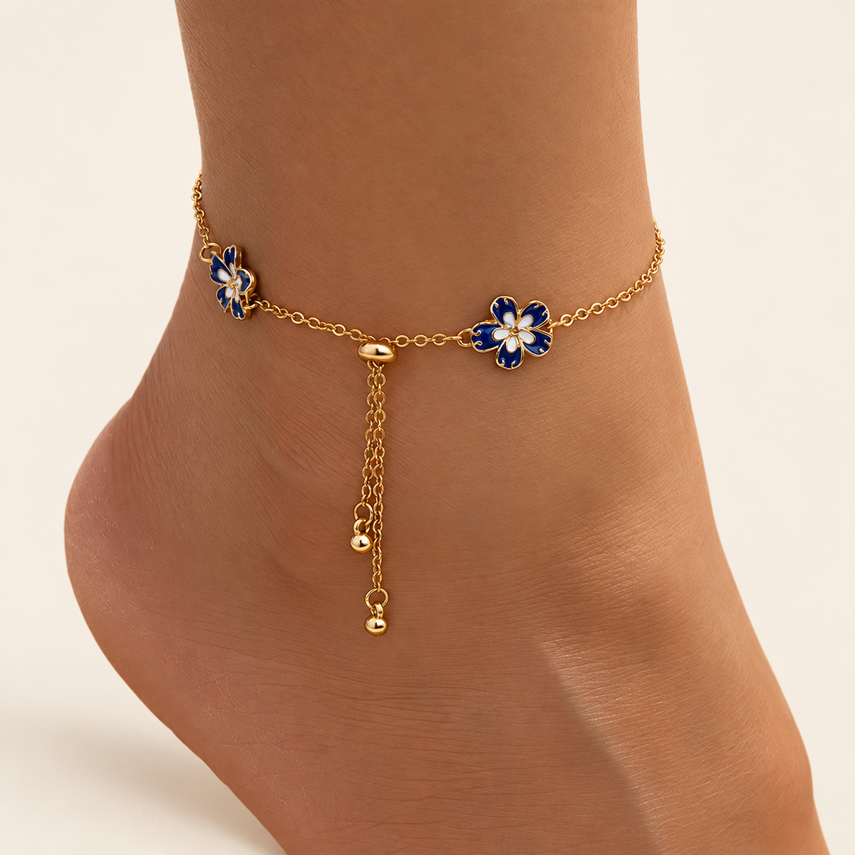 Blue Flower Anklet — warm ivory background