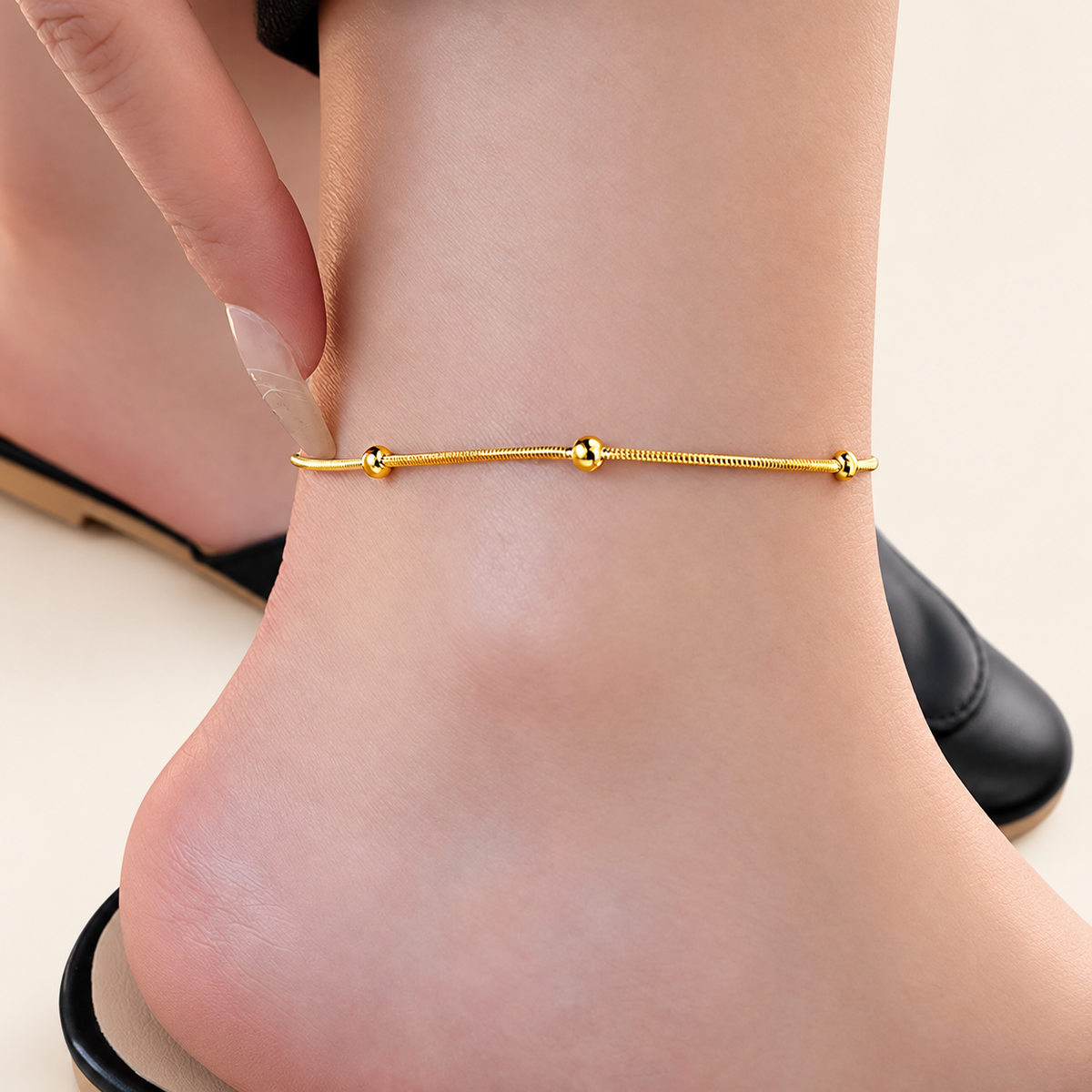 Fine Bar Bead Anklet — warm ivory background