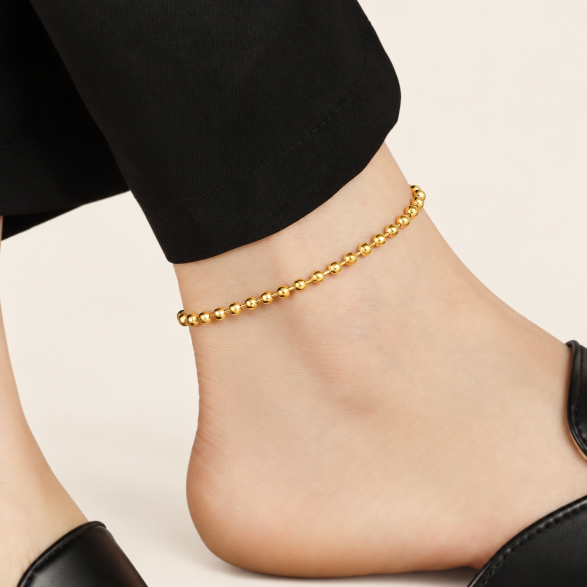 Gold Bead Chain Anklet — warm ivory background