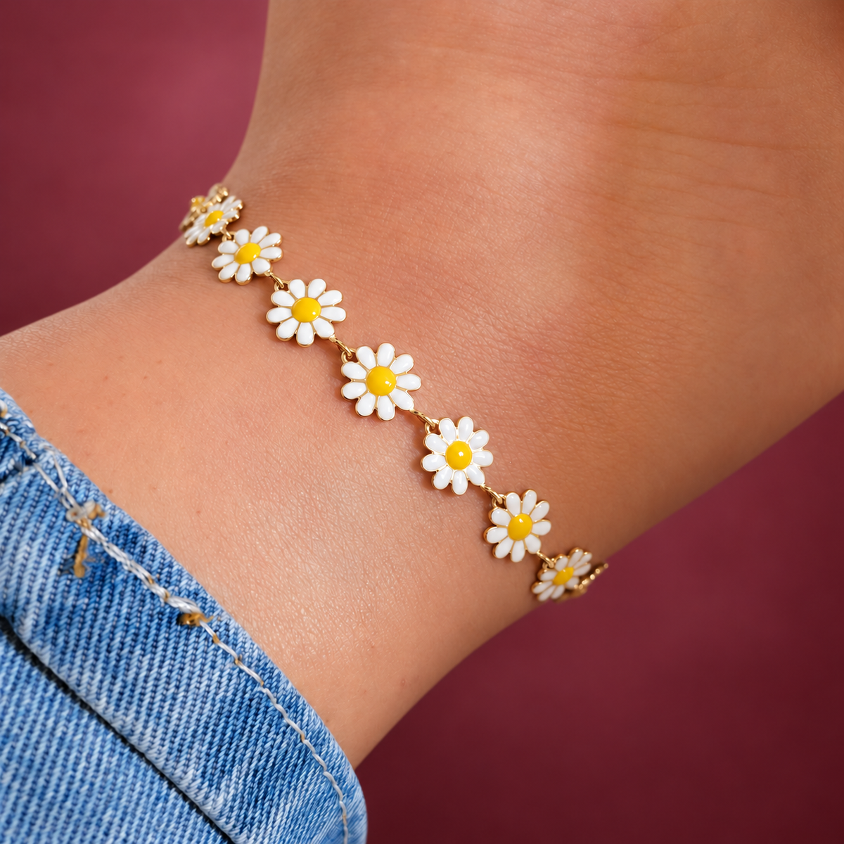 White Daisy Anklet — muted burgundy background