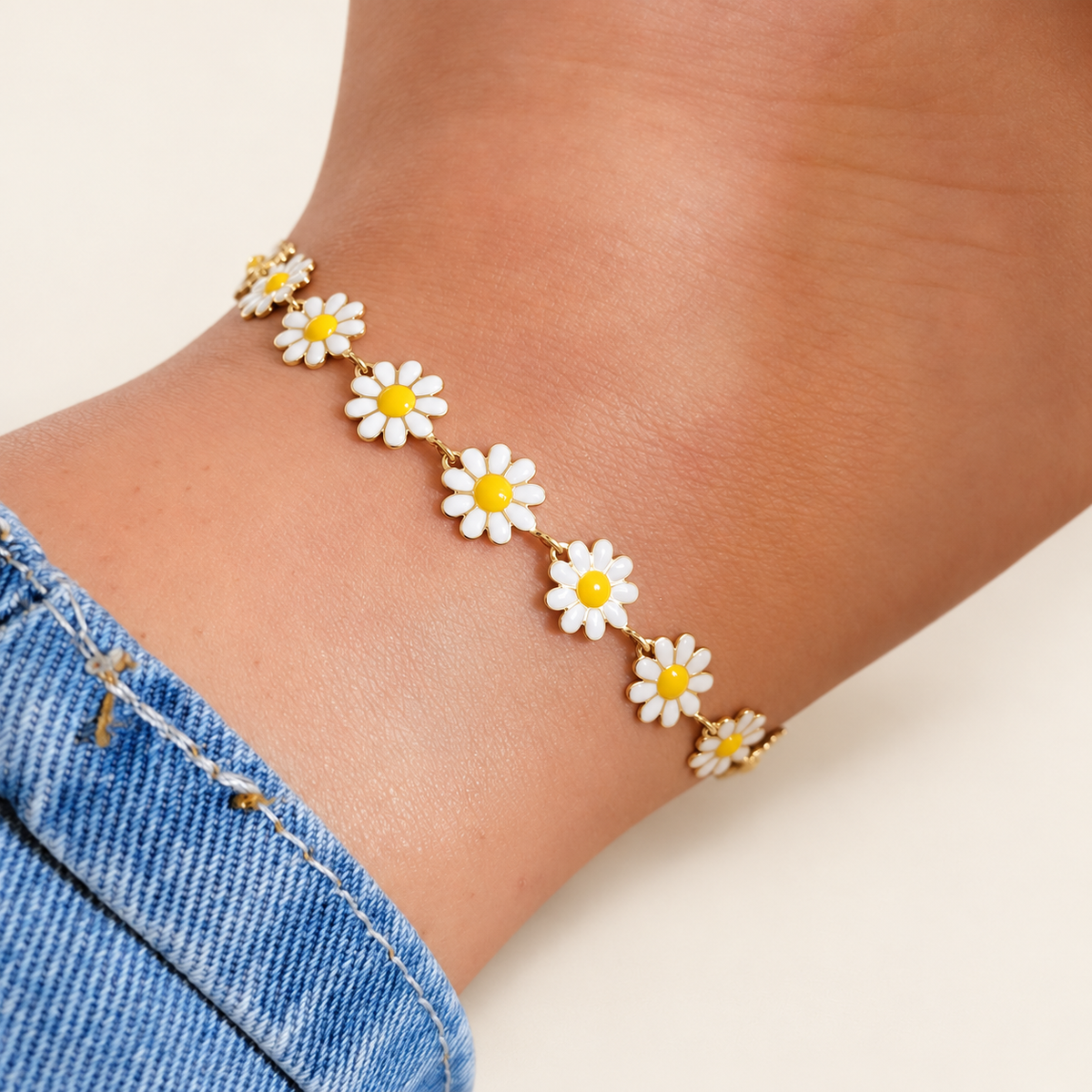 White Daisy Anklet — warm ivory background