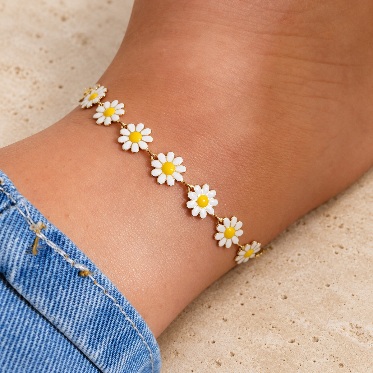 White Daisy Anklet — pale beige natural stone background