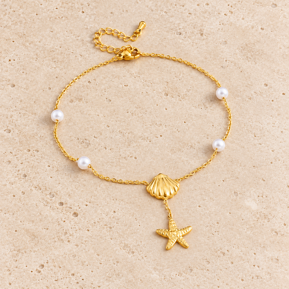 Shell Starfish Pearl Anklet — pale beige natural stone background