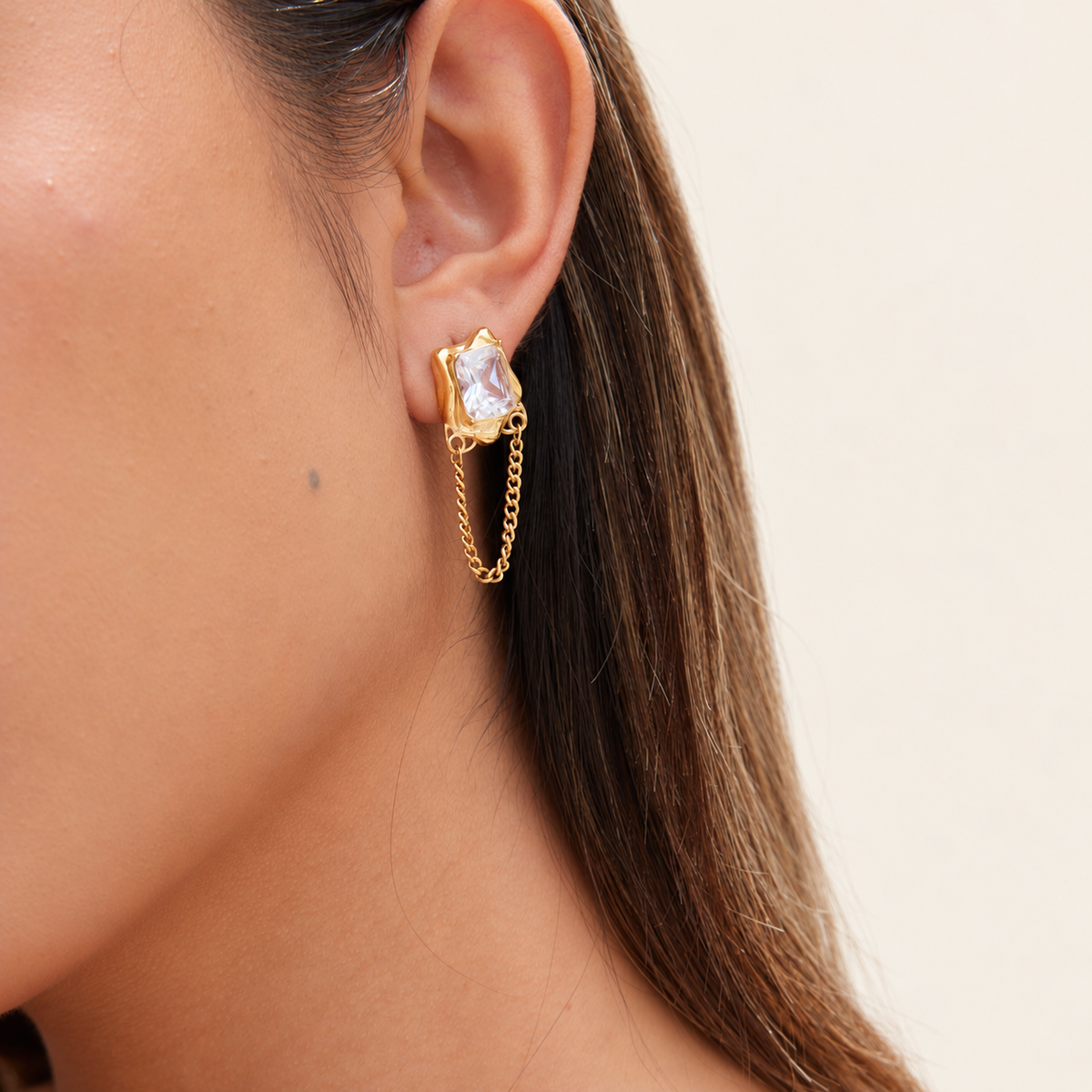Crystal Chain Drop Earring — warm ivory background