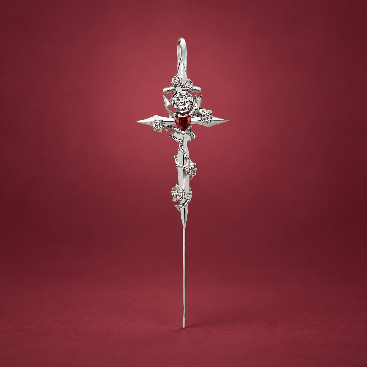 Silver-Tone Gothic Cross Ear Cuff — muted burgundy background