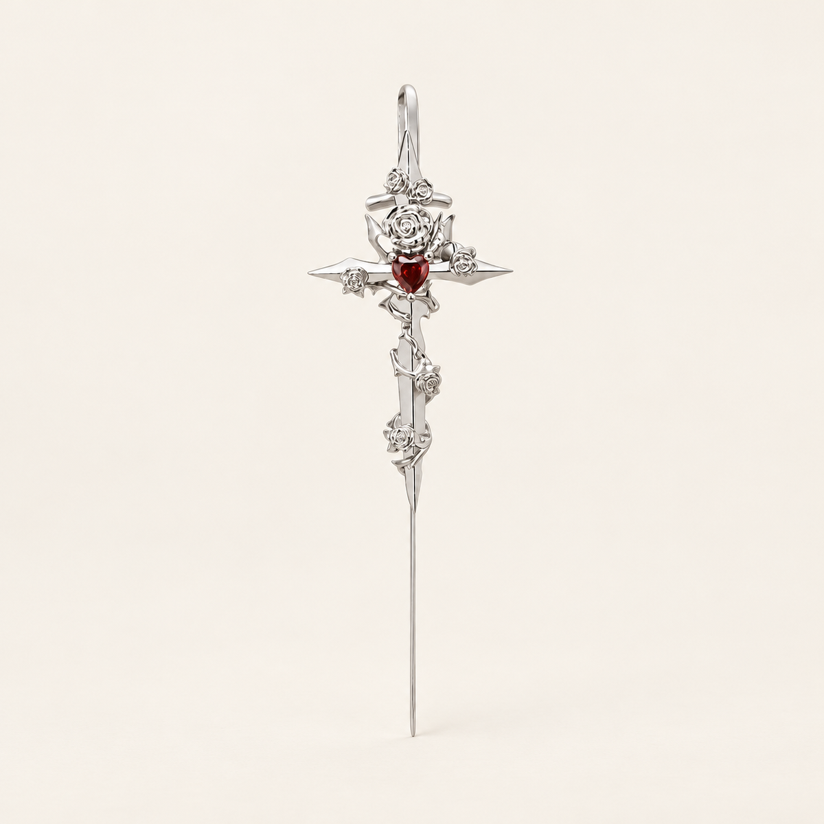Silver Gothic Cross Ear Cuff — warm ivory background
