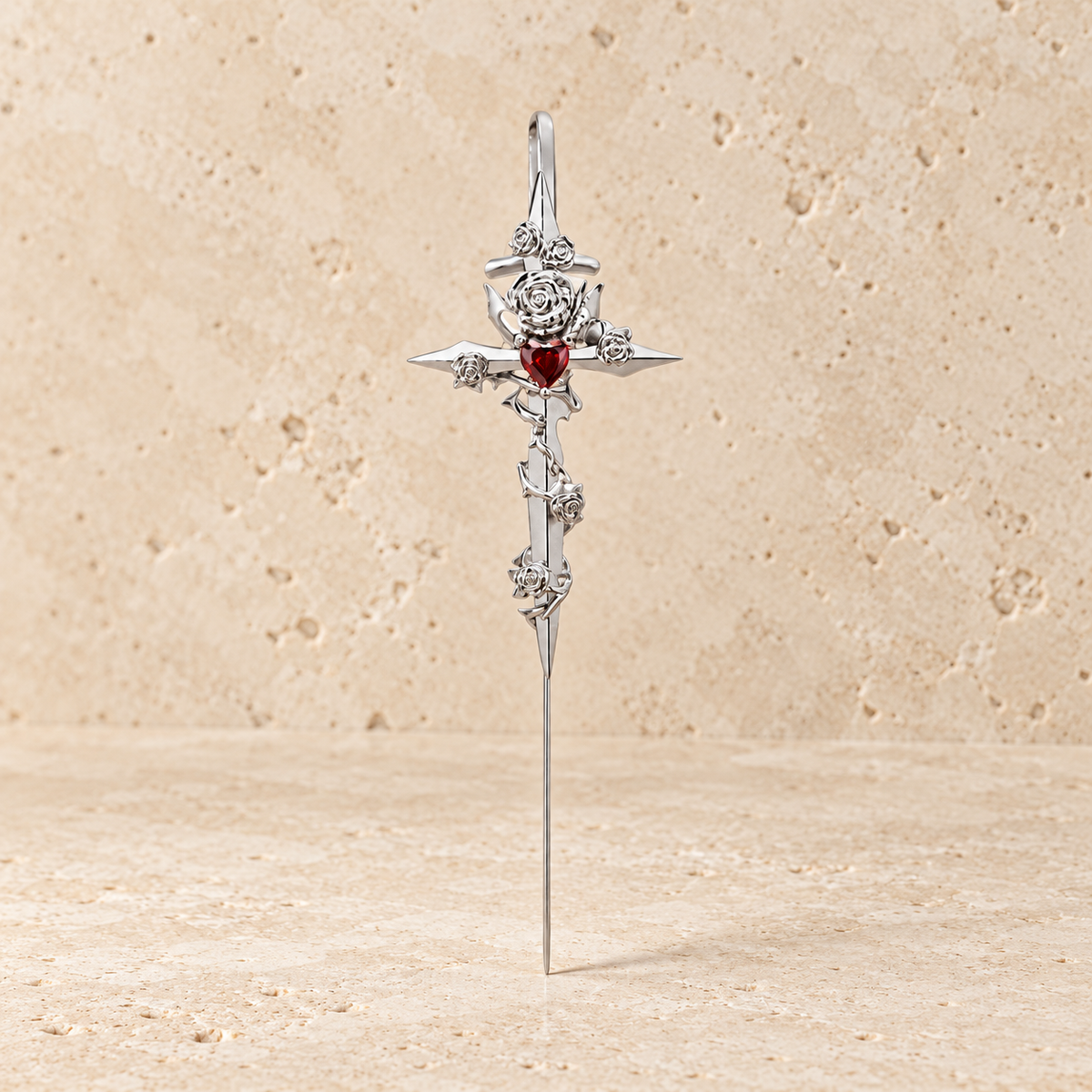 Silver Gothic Cross Ear Cuff — pale beige natural stone background