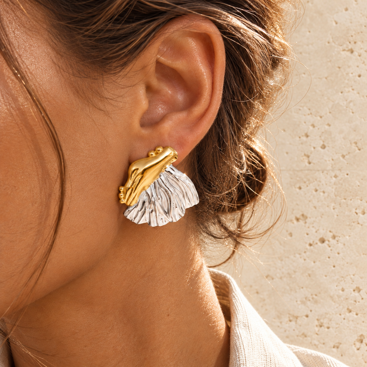 Two Tone Shell Stud Earring — pale beige natural stone background
