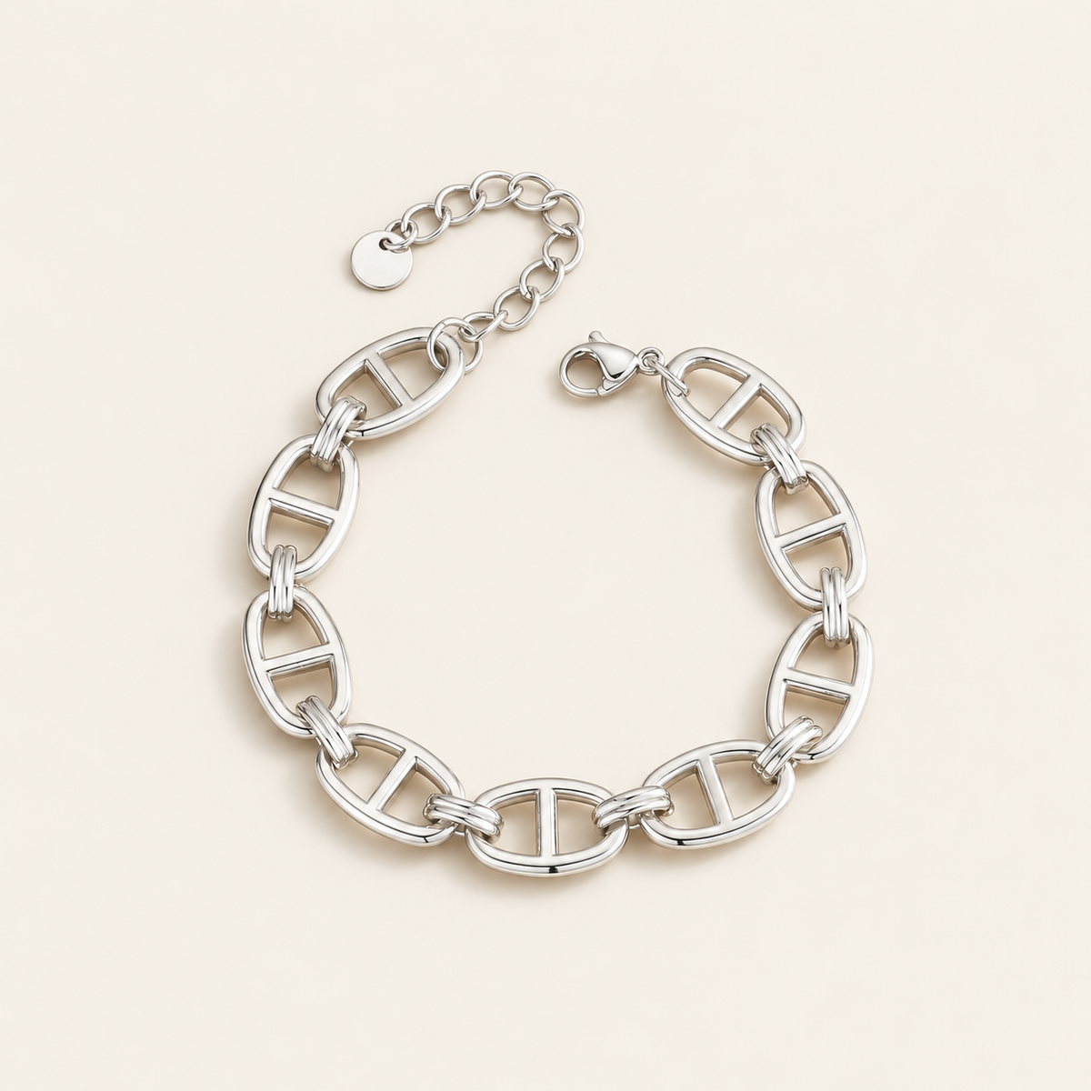 Silver Oval Link Bracelet — warm ivory background