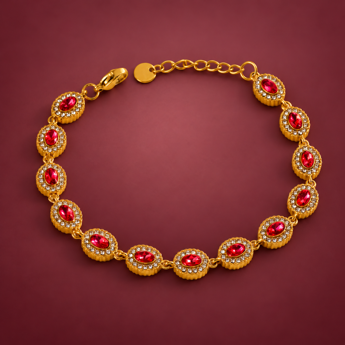Ruby Tone Bezel Bracelet — muted burgundy background