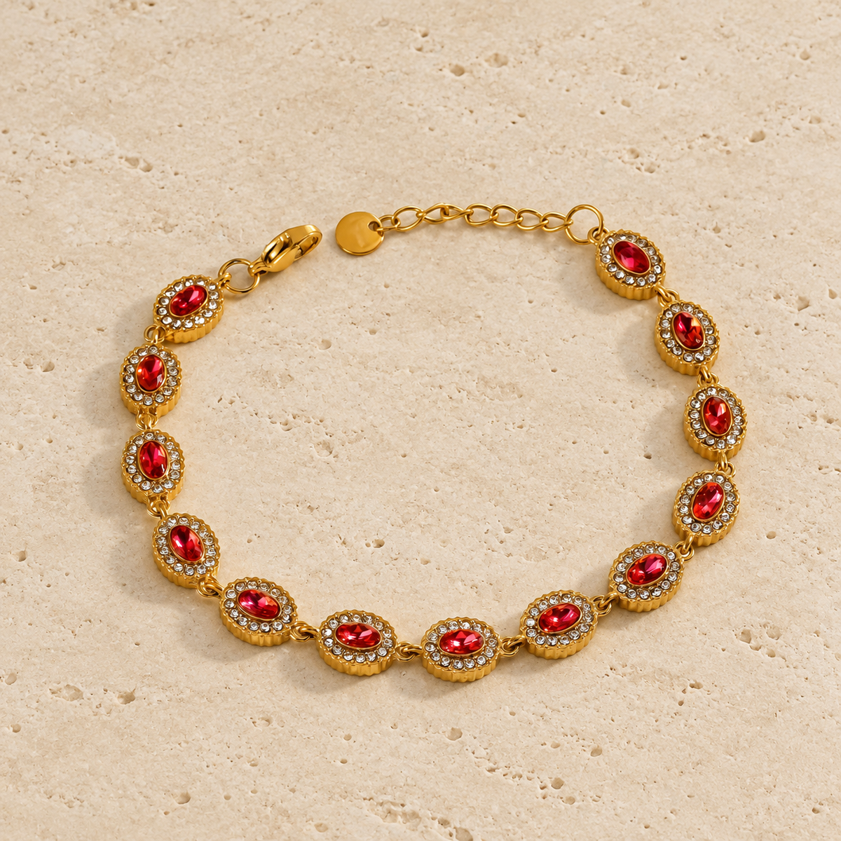 Ruby Tone Bezel Bracelet — pale beige natural stone background
