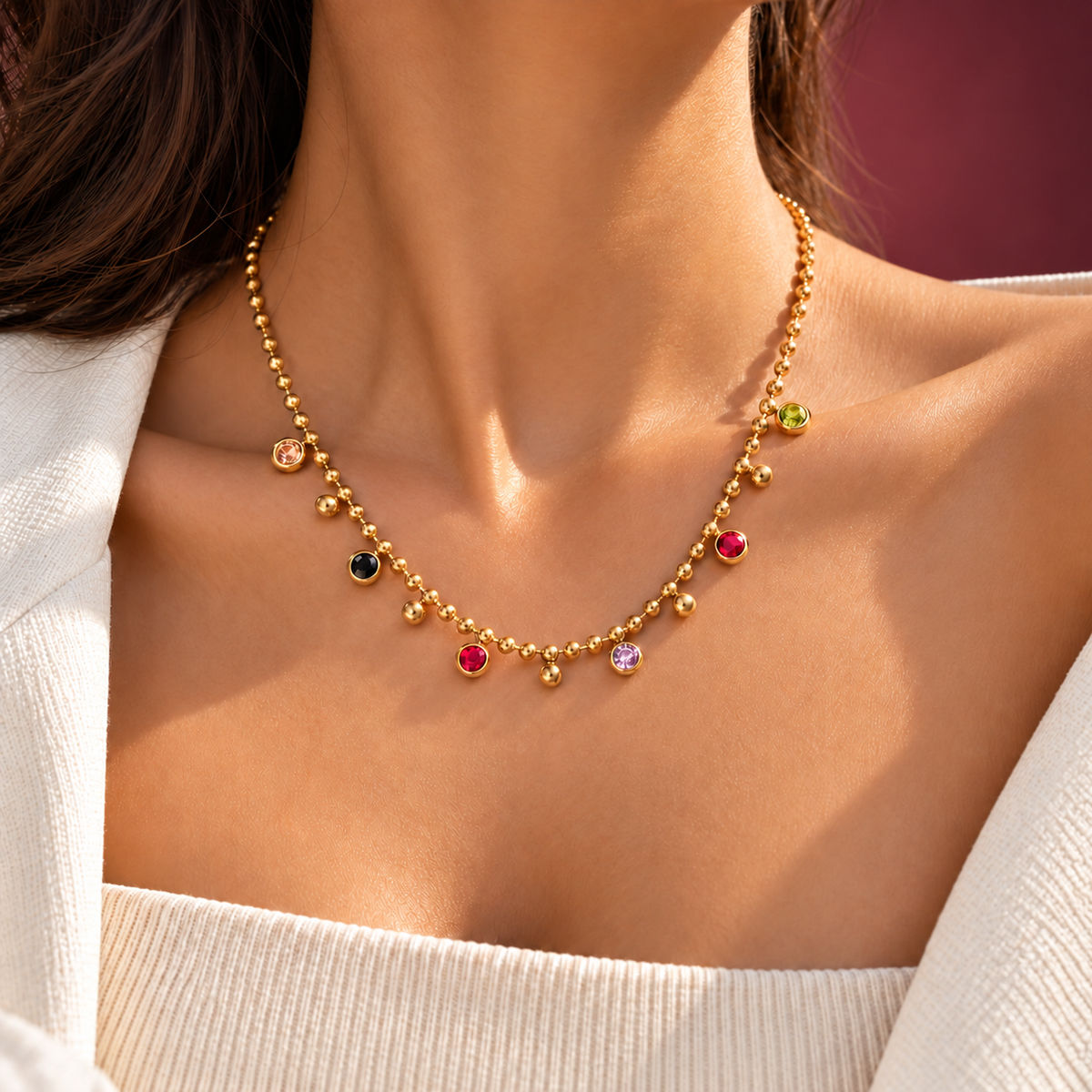 Rainbow Bezel Necklace — muted burgundy background
