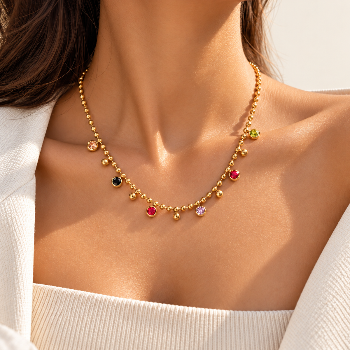 Rainbow Bezel Necklace — warm ivory background