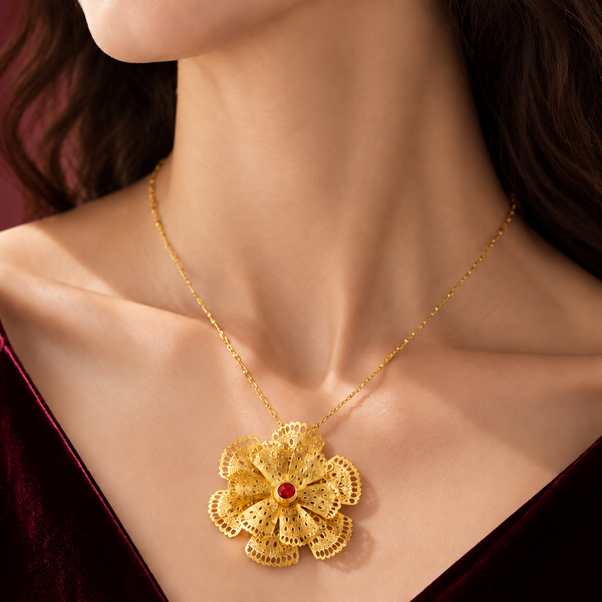 Gold-Tone Statement Flower Necklace — muted burgundy background