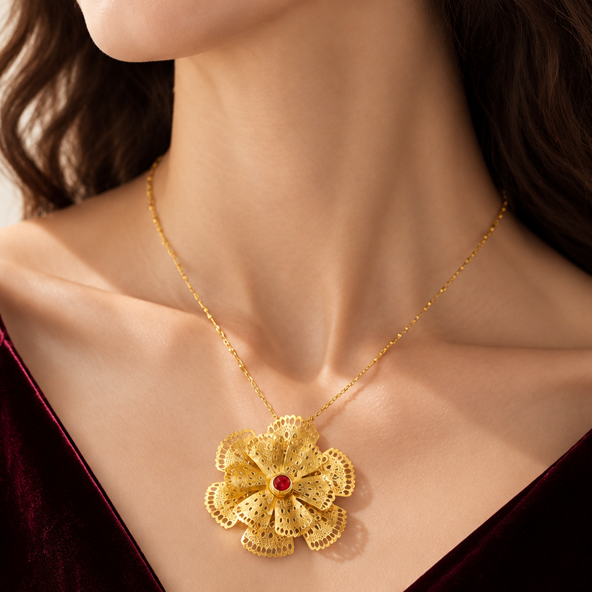 Gold Statement Flower Necklace — warm ivory background