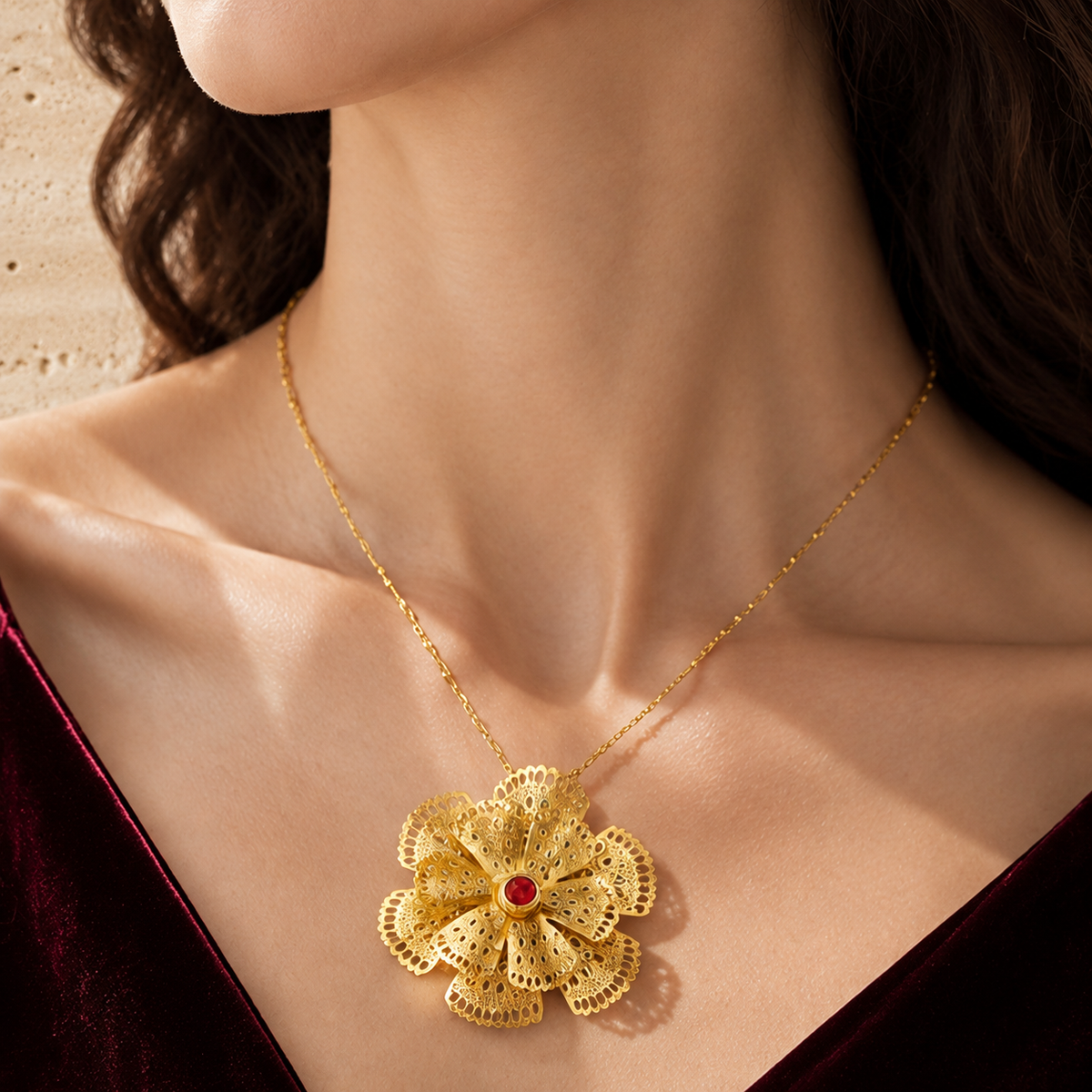 Gold Statement Flower Necklace — pale beige natural stone background