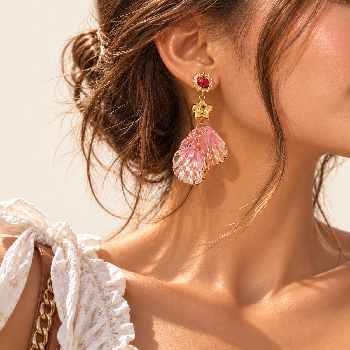 Pink Leaf Statement Drop Earring — warm ivory background