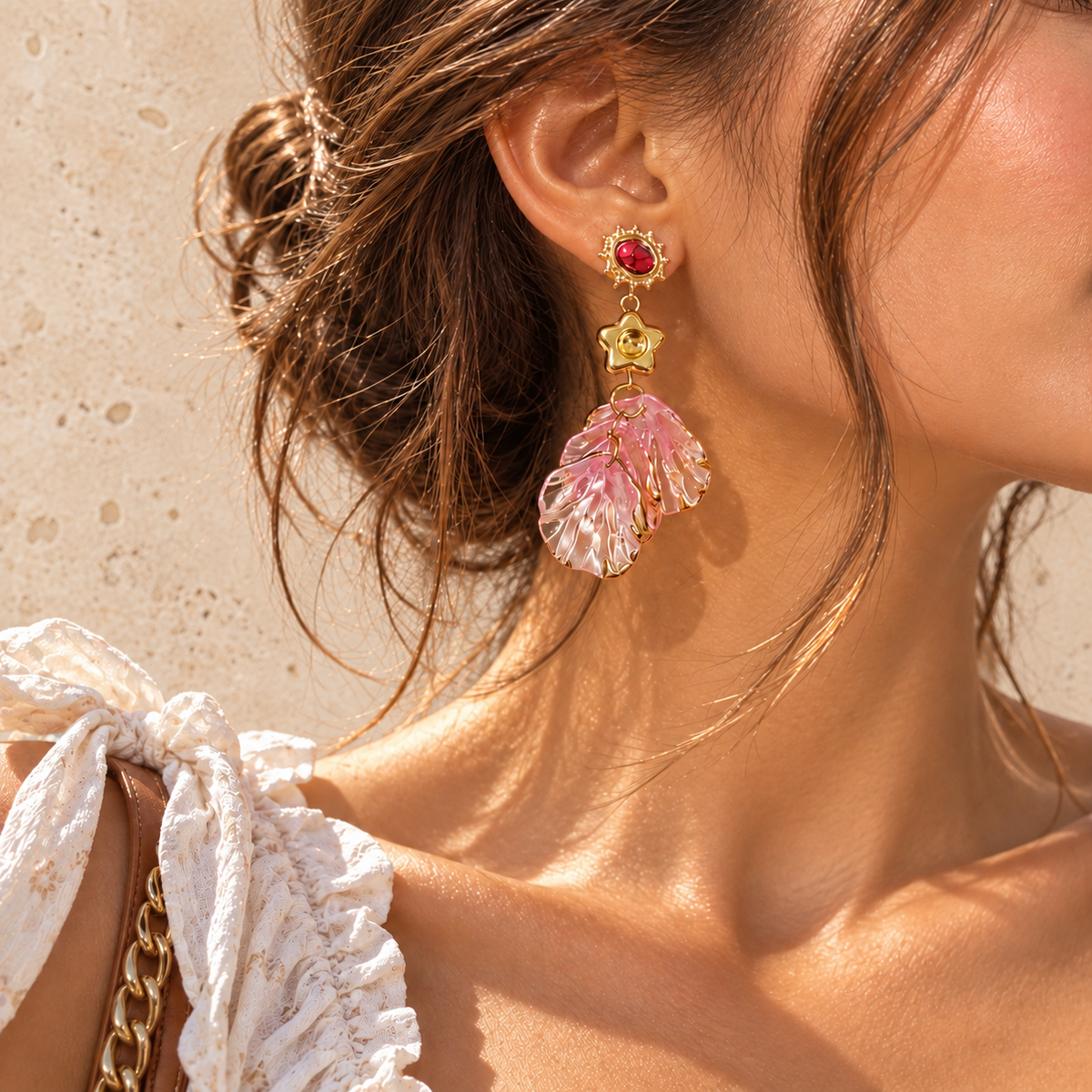 Pink Leaf Statement Drop Earring — pale beige natural stone background