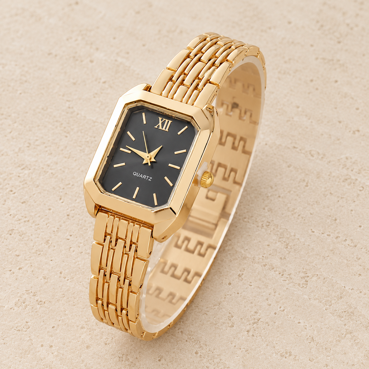 Noir Square Bracelet Watch — pale beige natural stone background