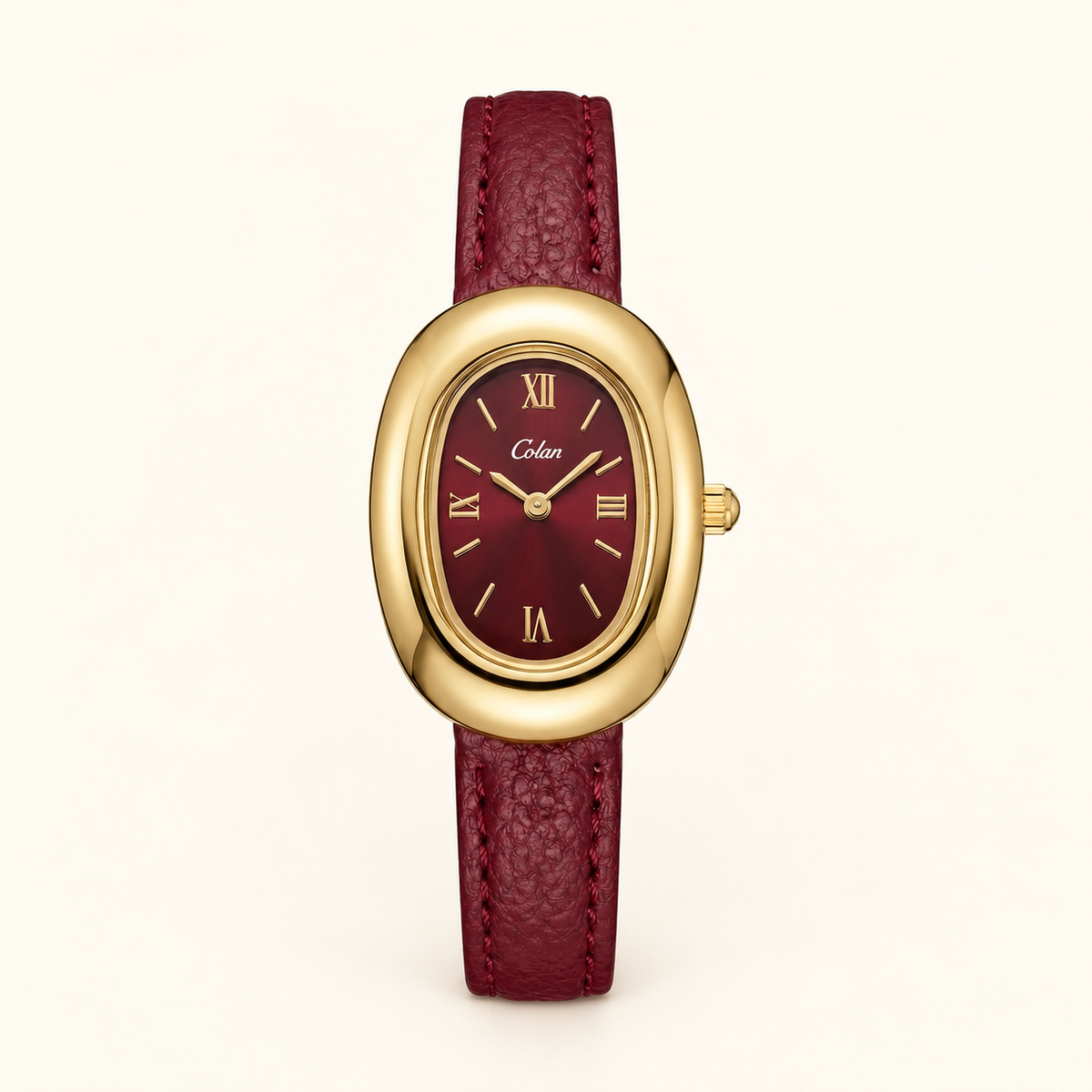 Bordeaux Oval Strap Watch — warm ivory background