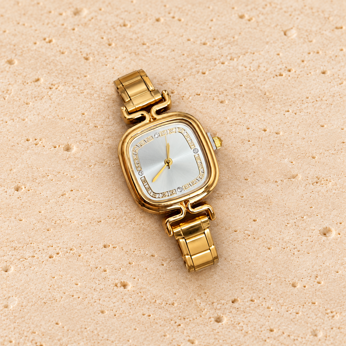 Celeste Cushion Link Watch — pale beige natural stone background