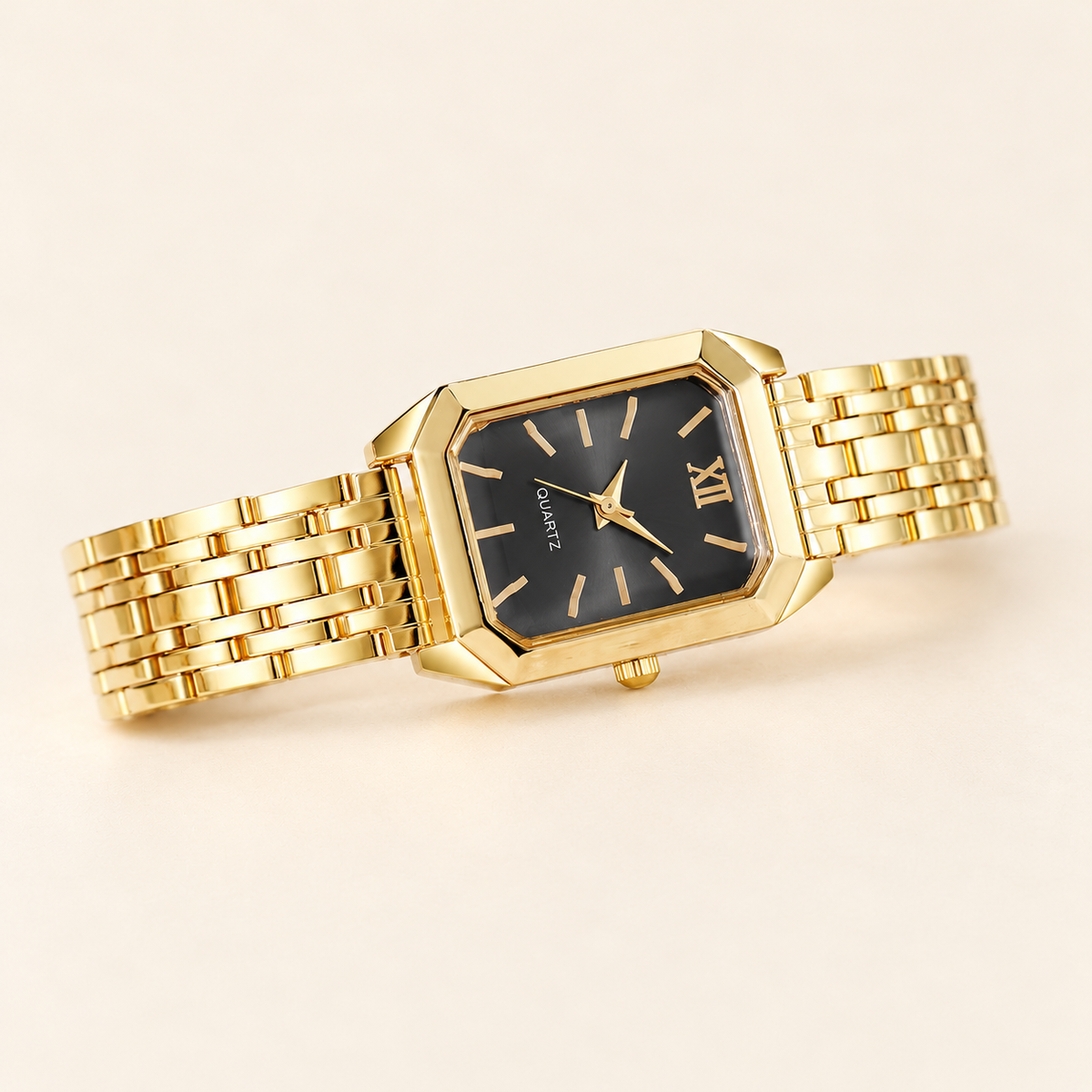 Midnight Square Link Watch — warm ivory background