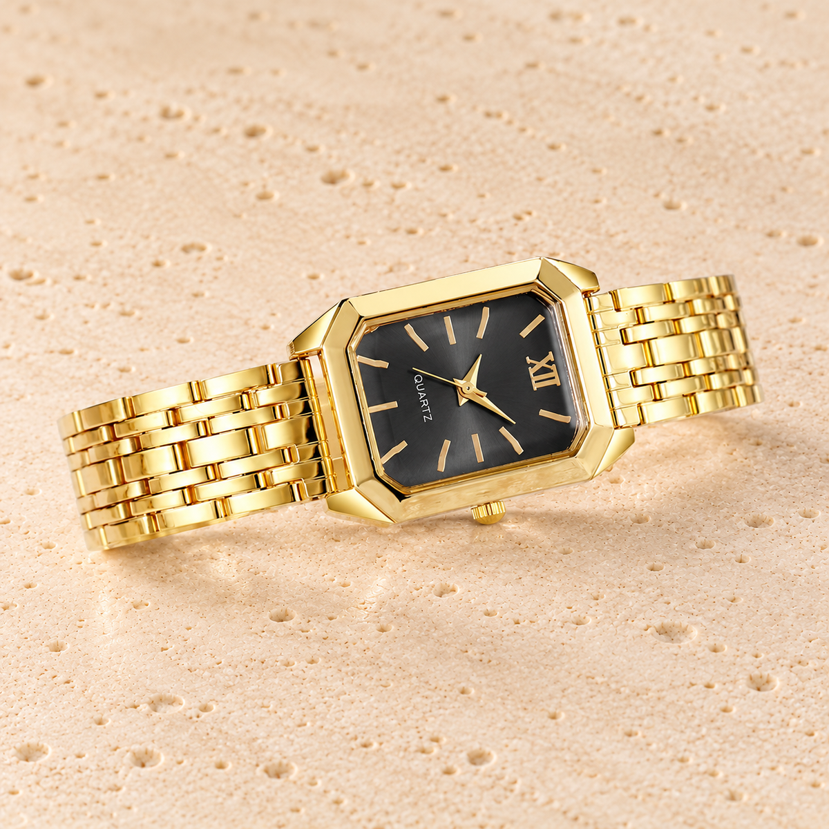Midnight Square Link Watch — pale beige natural stone background