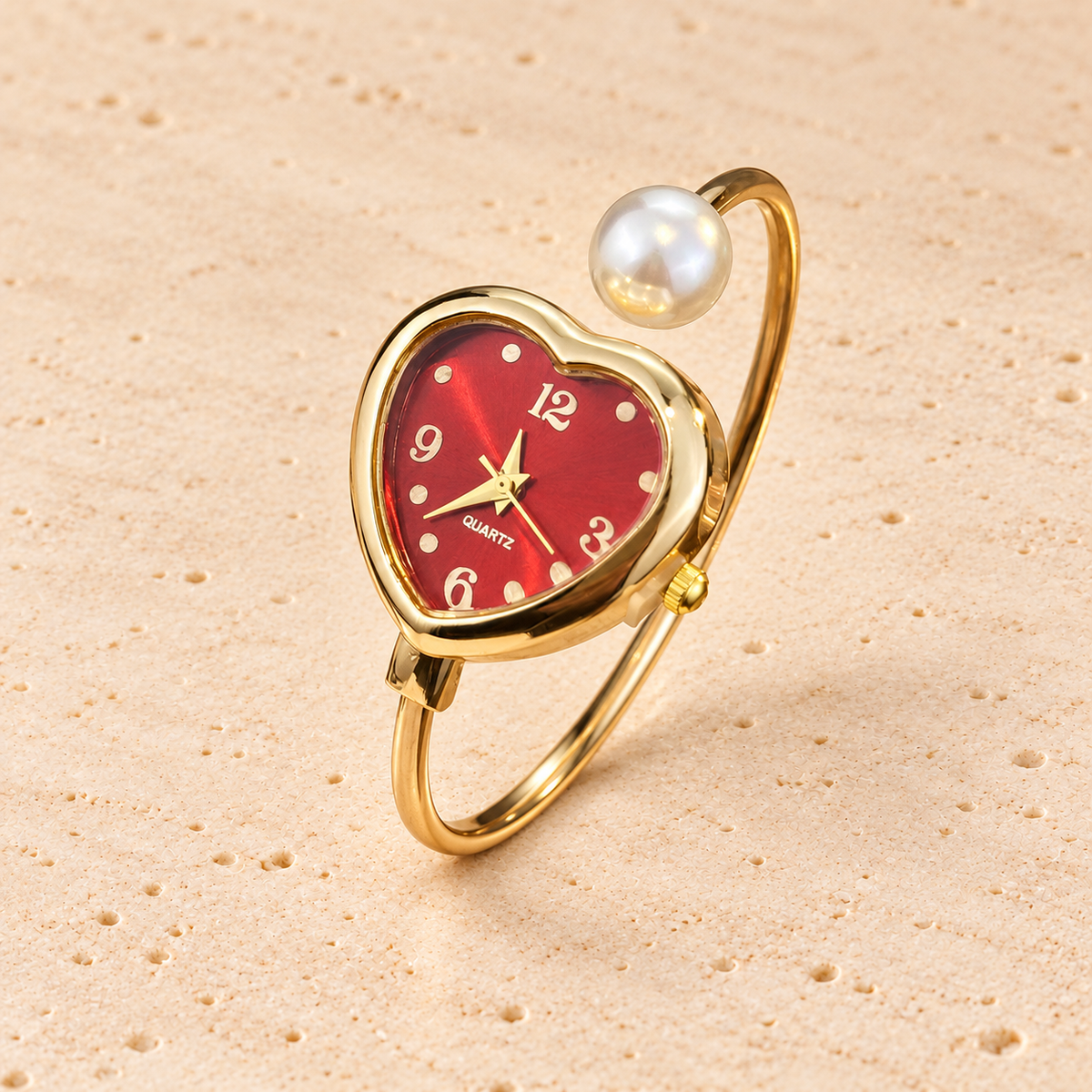 Amour Heart Cuff Watch — pale beige natural stone background